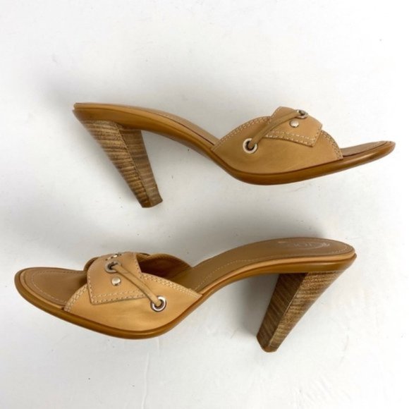 TODS Beige Tan Leather Classic Open Toe Heels Size 8.5 Wooden Block Heel Shoes - Picture 2 of 8